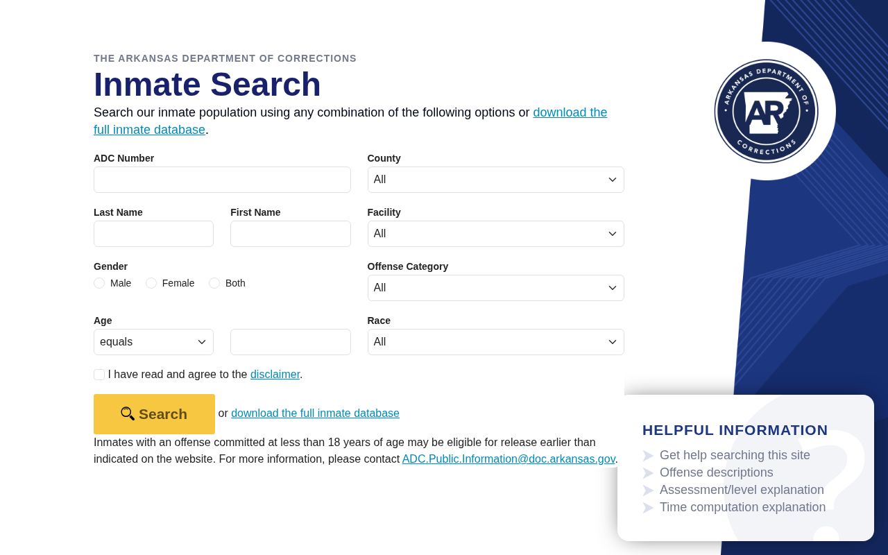 Grant County state-sentenced offender record search on the Arkansas ADC form