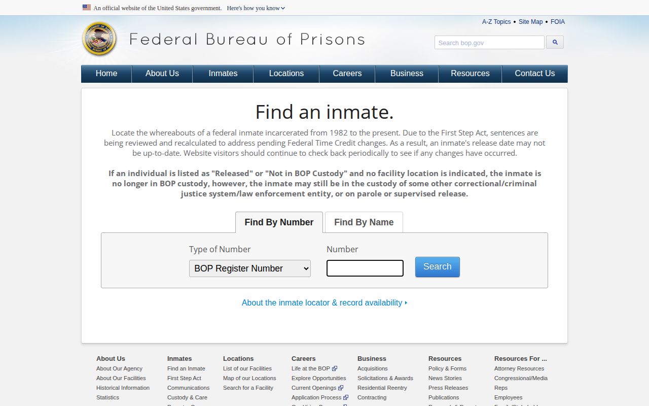 Grant County federal custody record check on the BOP inmate locator