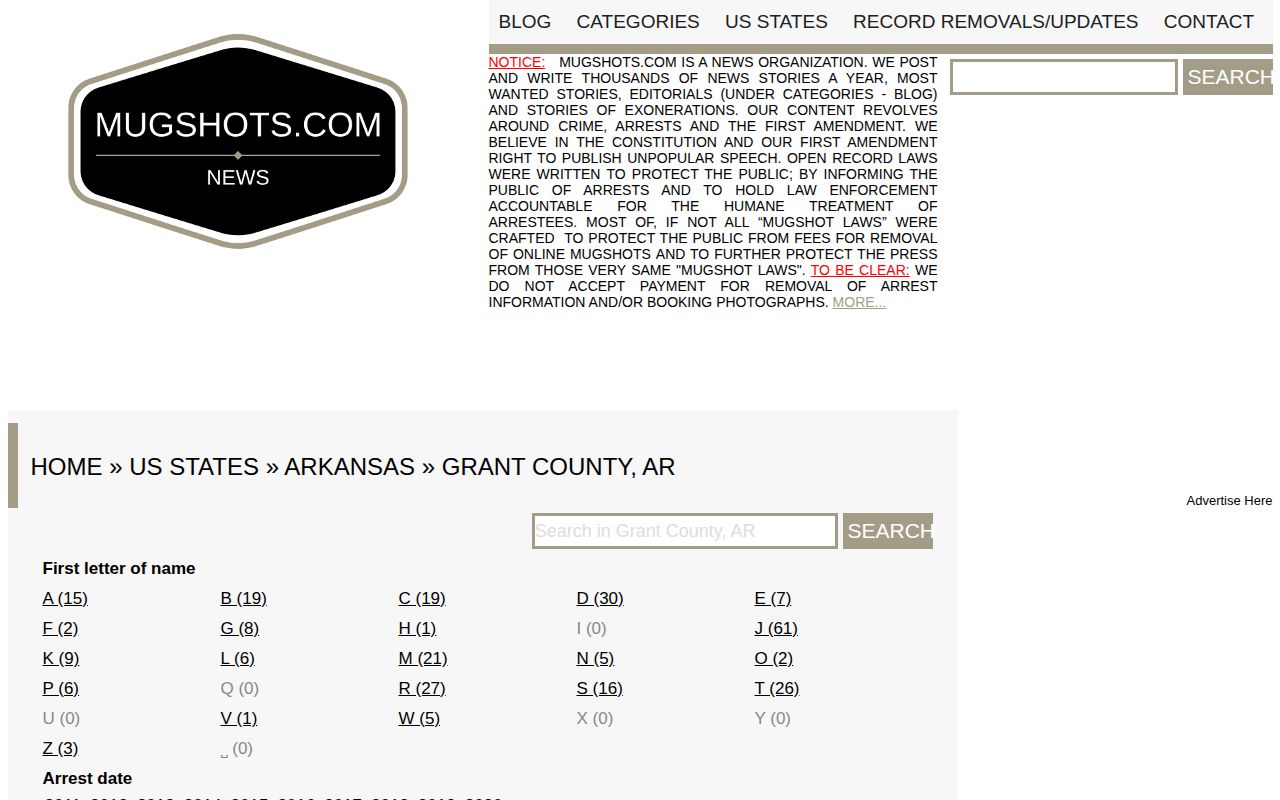 Unofficial Mugshots.com Grant County Arkansas booking record category